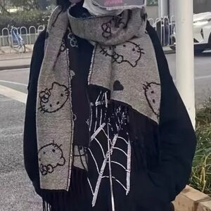 Hello Kitty Kawaii Cute Reversible Scarf - Cozy & Stylish Knit Wrap Black Gray